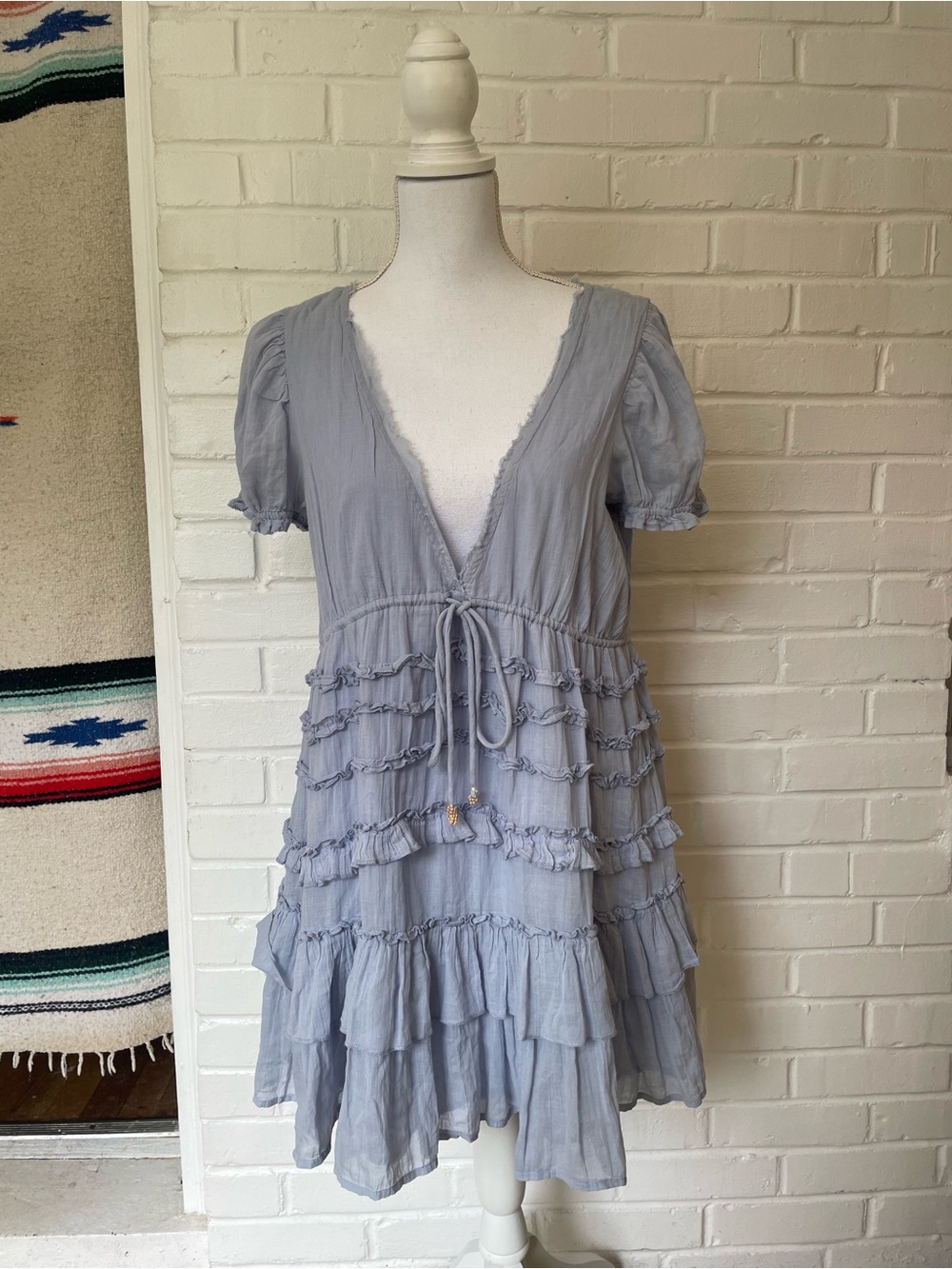 Free People Pale Blue Ruffle-Tier Mini Dress Size Large Bohemian Cottage